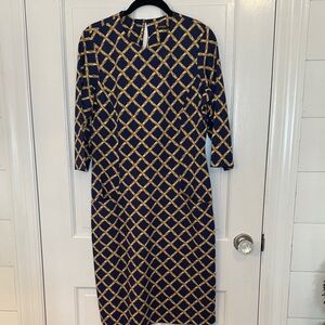 J. McLaughlin Navy/Gold Diamond Pattern Dress size M EUC Pockets‎ 3/4 Sleeve